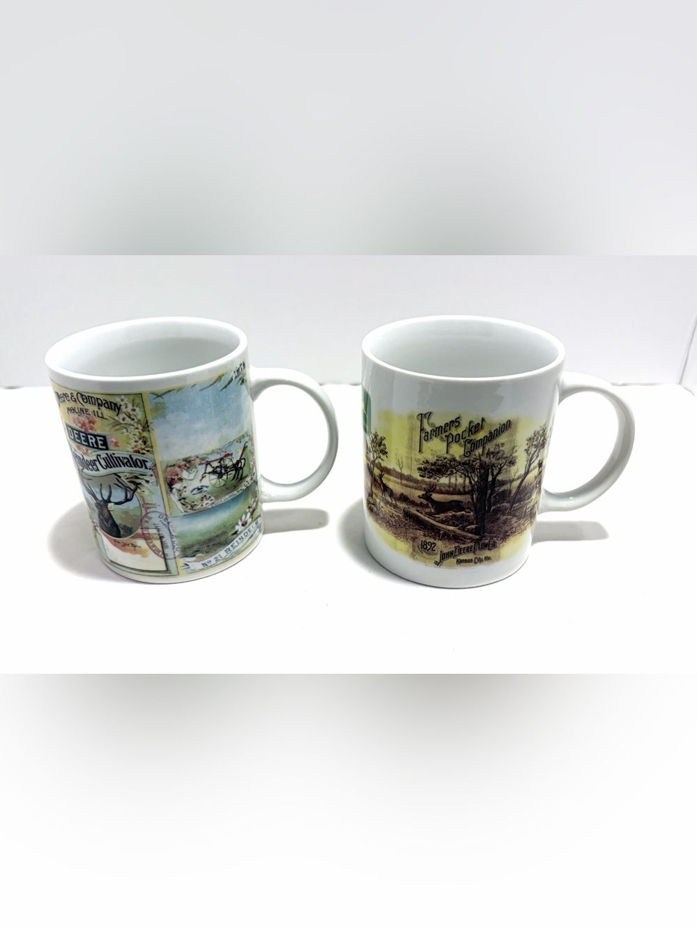 John Deere White Ceramic Mugs with Vintage Farm Illustration and Yellow Accent